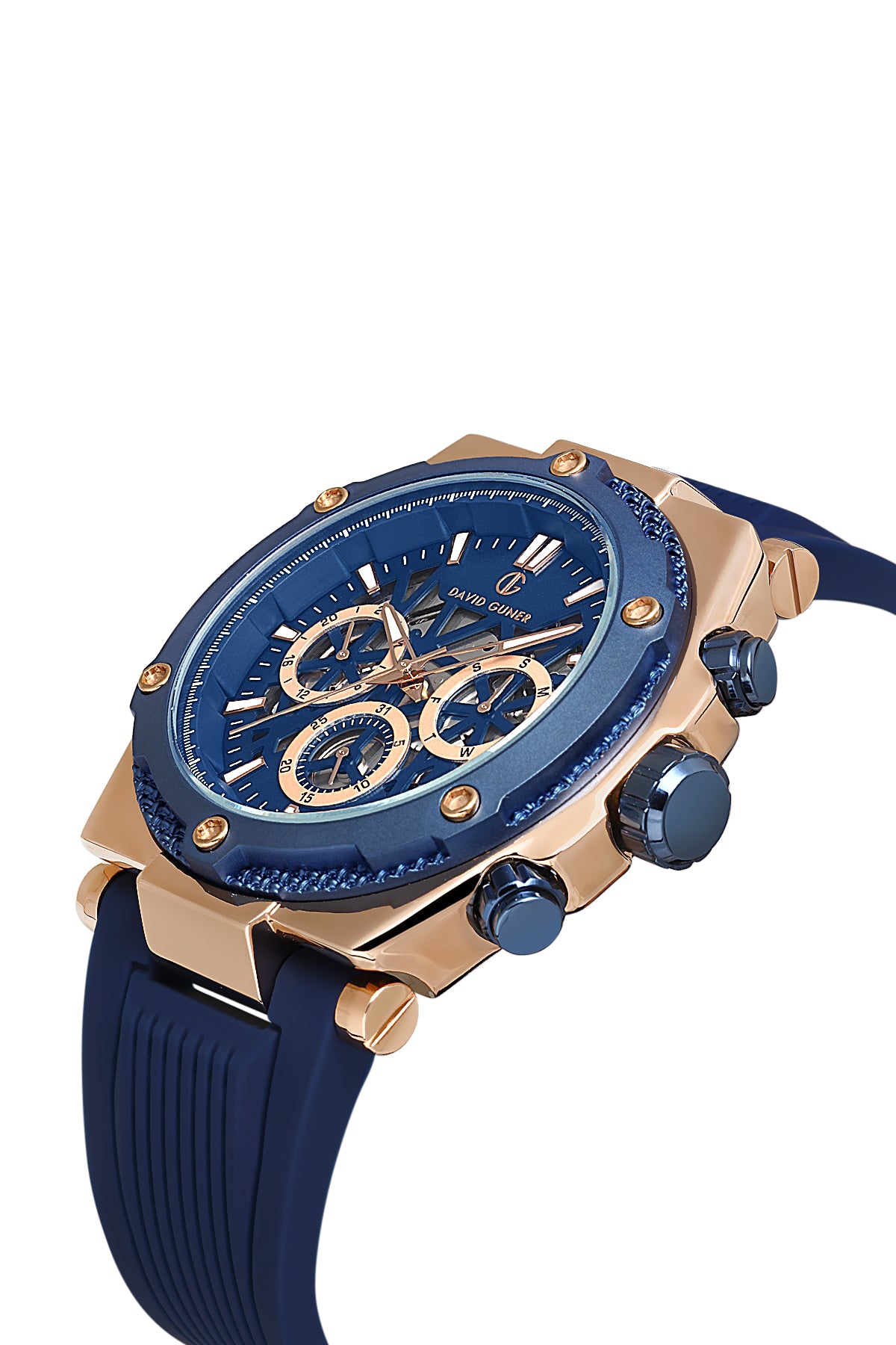 DAVID GUNER Rose Kaplamalı Lacivert Silikon Kordonlu Multi Fonksiyonlu Erkek Kol Saati - DG-8641GD-T3