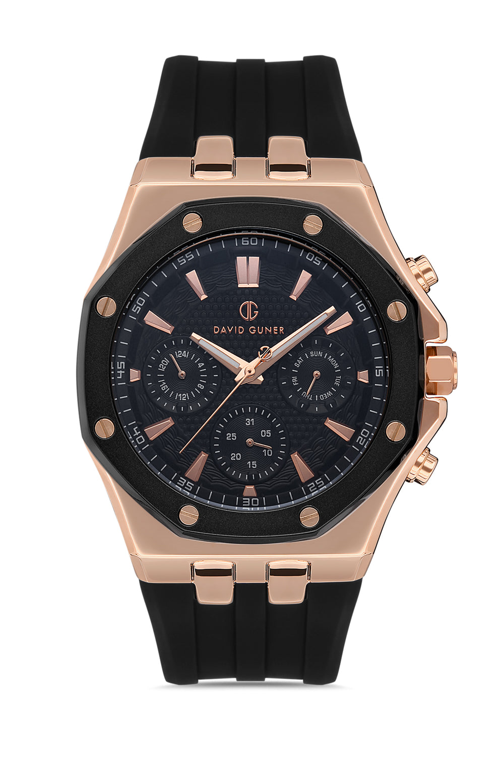 DAVID GUNER Rose Coated Black Silicone Band Men's Watch