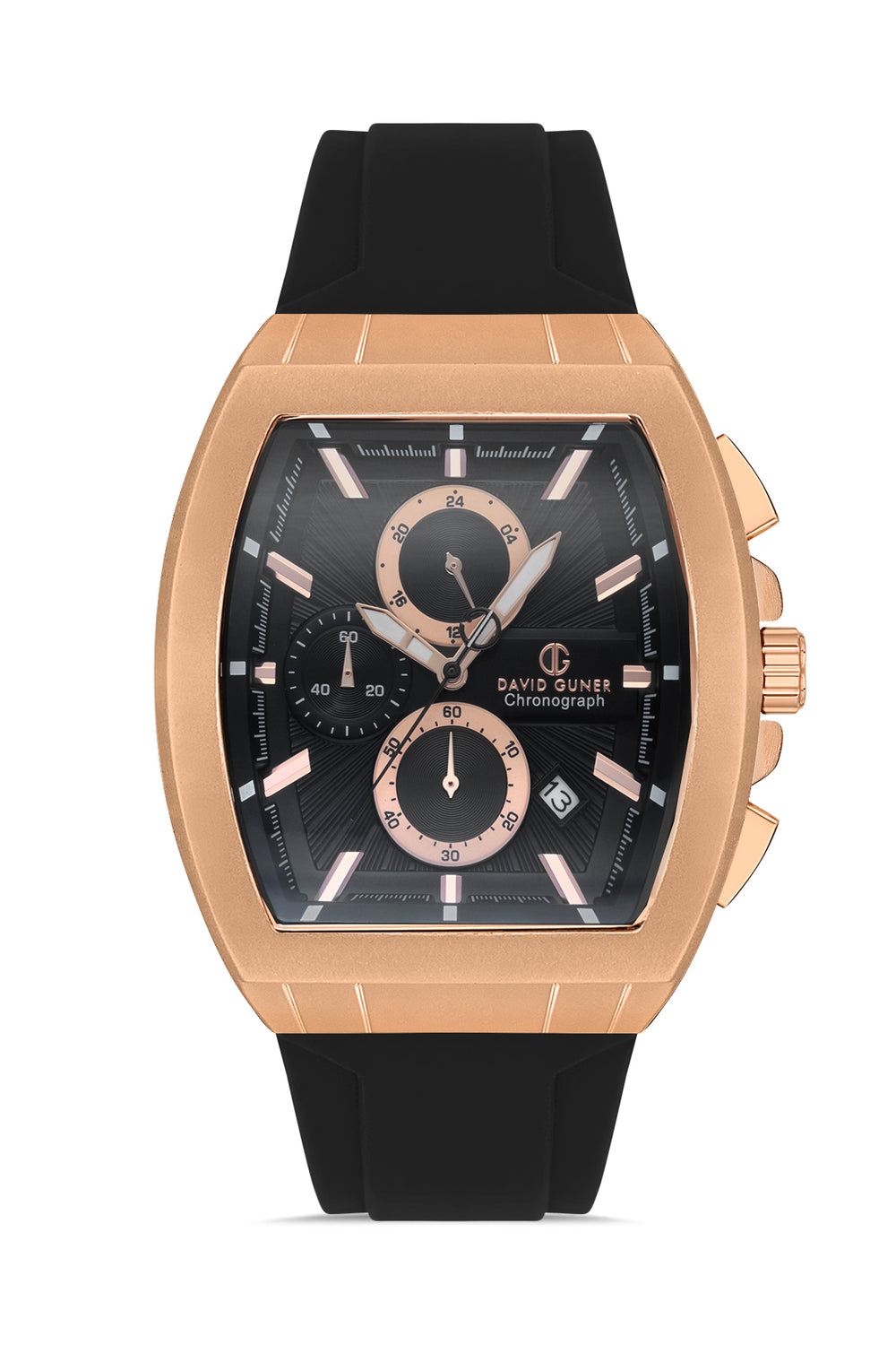 DAVID GUNER Rose-Coated Black Dial Men's Watch with Black Silicone Band