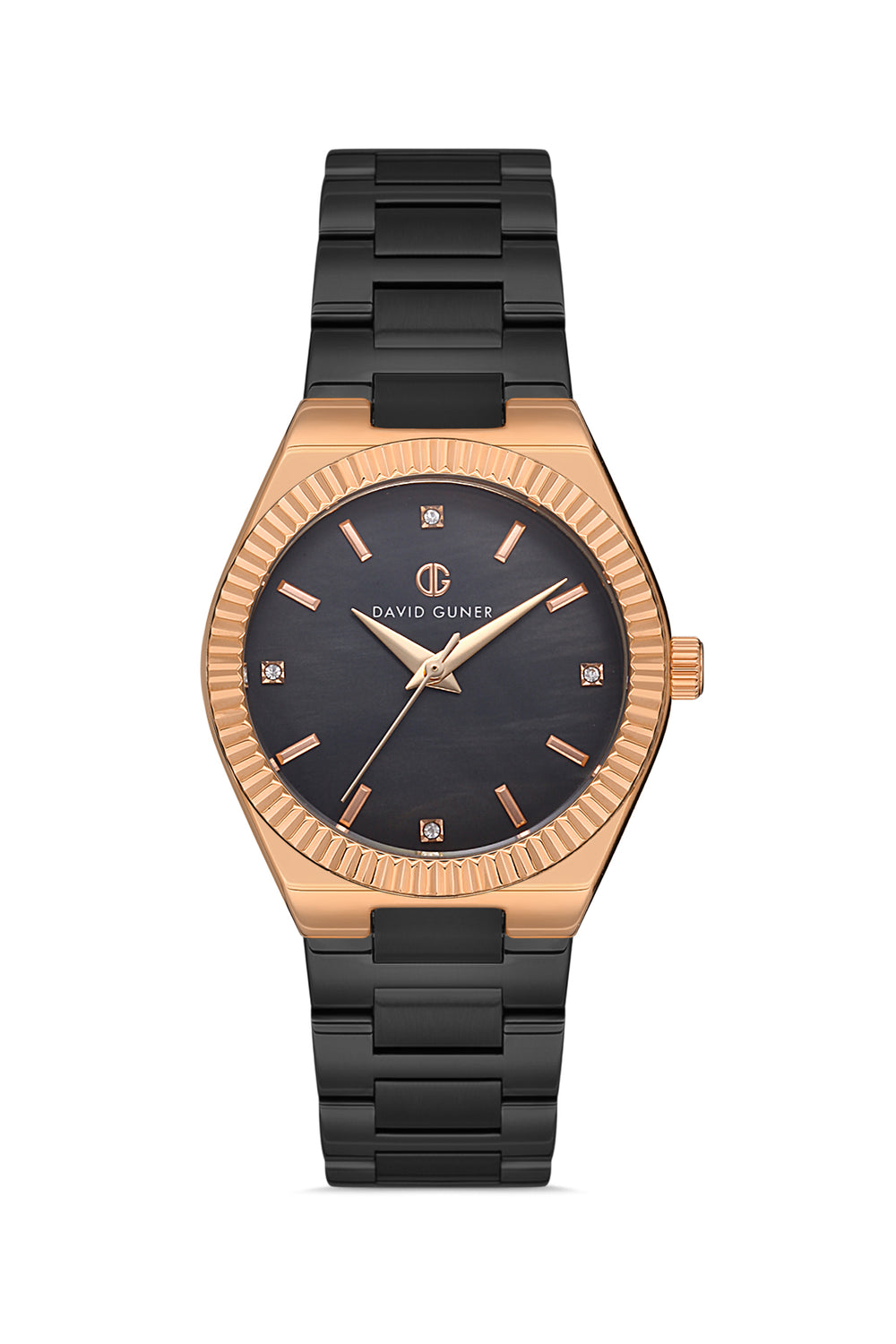 DAVID GUNER Rose-Coated Black Dial Women's Watch