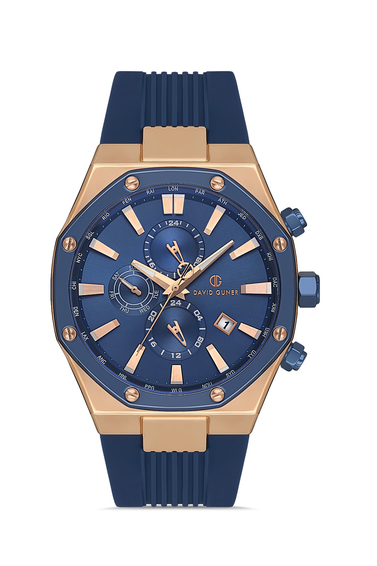 DAVID GUNER Rose Mavi Kaplama Multi Fonksiyonlu Mavi Kadranlı Silikon Kayışlı Erkek Kol Saati - DG-8821GD-T3