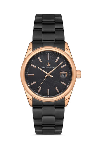 DAVID GUNER Rose Siyah Kaplama Siyah Kadranlı Paslanmaz Masif Çelik Kordonlu Kadın Kol Saati - DG-8384LA-R2