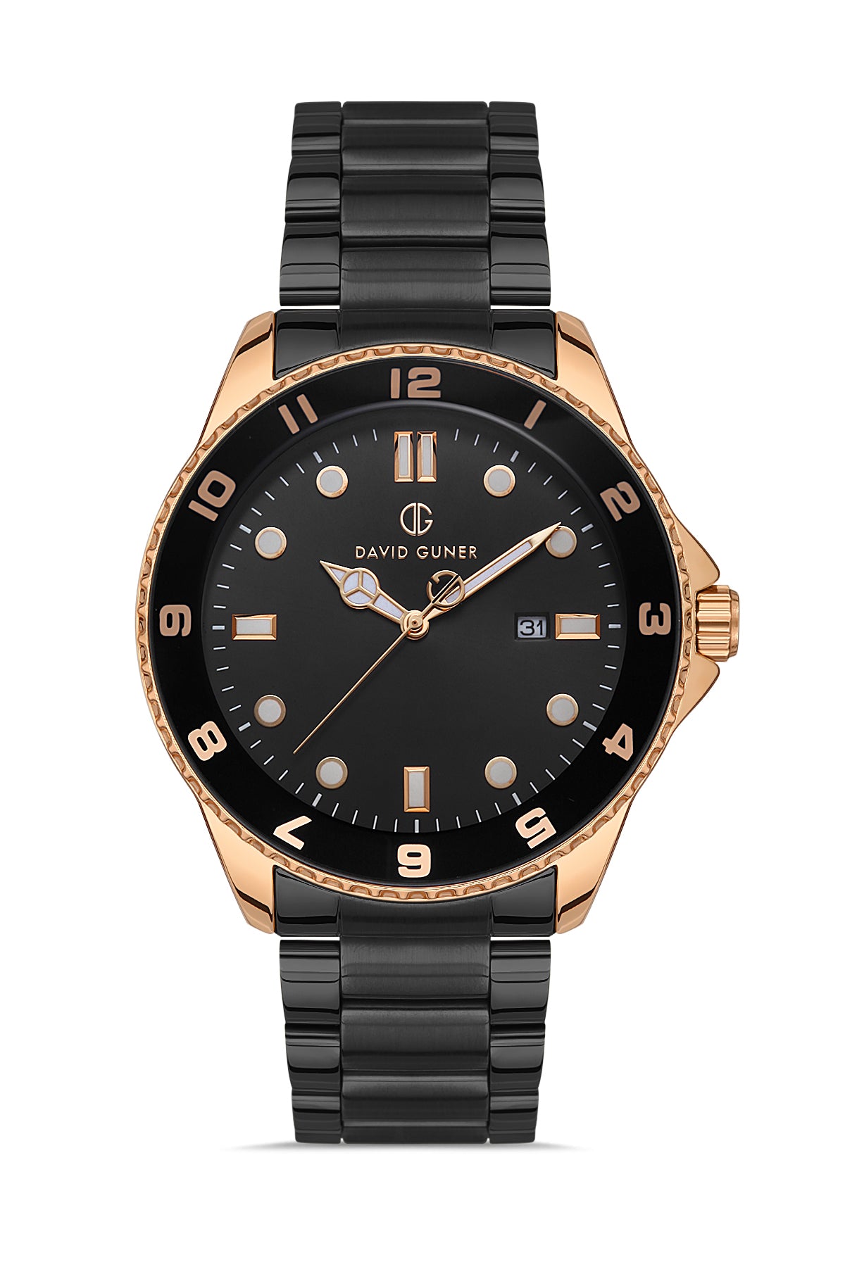 DAVID GUNER Rose Siyah Kaplama Siyah Kadranlı Takvimli Paslanmaz Masif Çelik Erkek Kol Saati - DG-8461GA-R2
