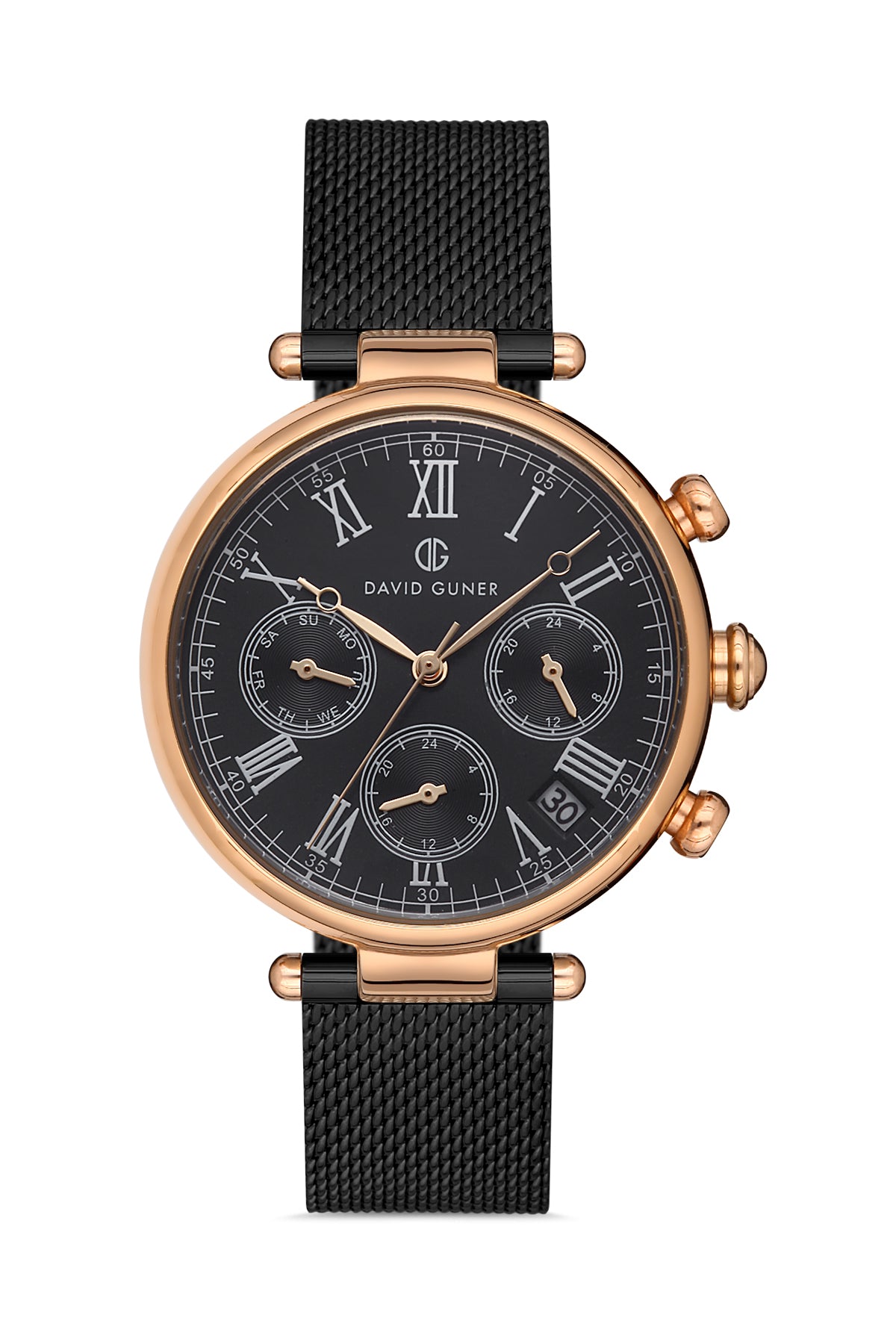 DAVID GUNER Rose Siyah Kaplama Siyah Kadranlı Multi Fonksiyon Çelik Örme Kordonlu Kadın Kol Saati - DG-8319LC-R2