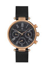 DAVID GUNER Rose Siyah Kaplama Siyah Kadranlı Multi Fonksiyon Çelik Örme Kordonlu Kadın Kol Saati - DG-8319LC-R2