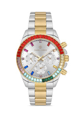 DAVID GUNER Sarı-Beyaz Kaplama Gümüş Kadranlı Multi Fonksiyon Paslanmaz Masif Çelik Uniseks Kol Saati - DG-8678GA-D1