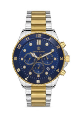 DAVID GUNER Sarı Beyaz Kaplama Mavi Kadranlı Multi Fonksiyonlu Paslanmaz Masif Çelik Erkek Kol Saati - DG-8243GA-D3