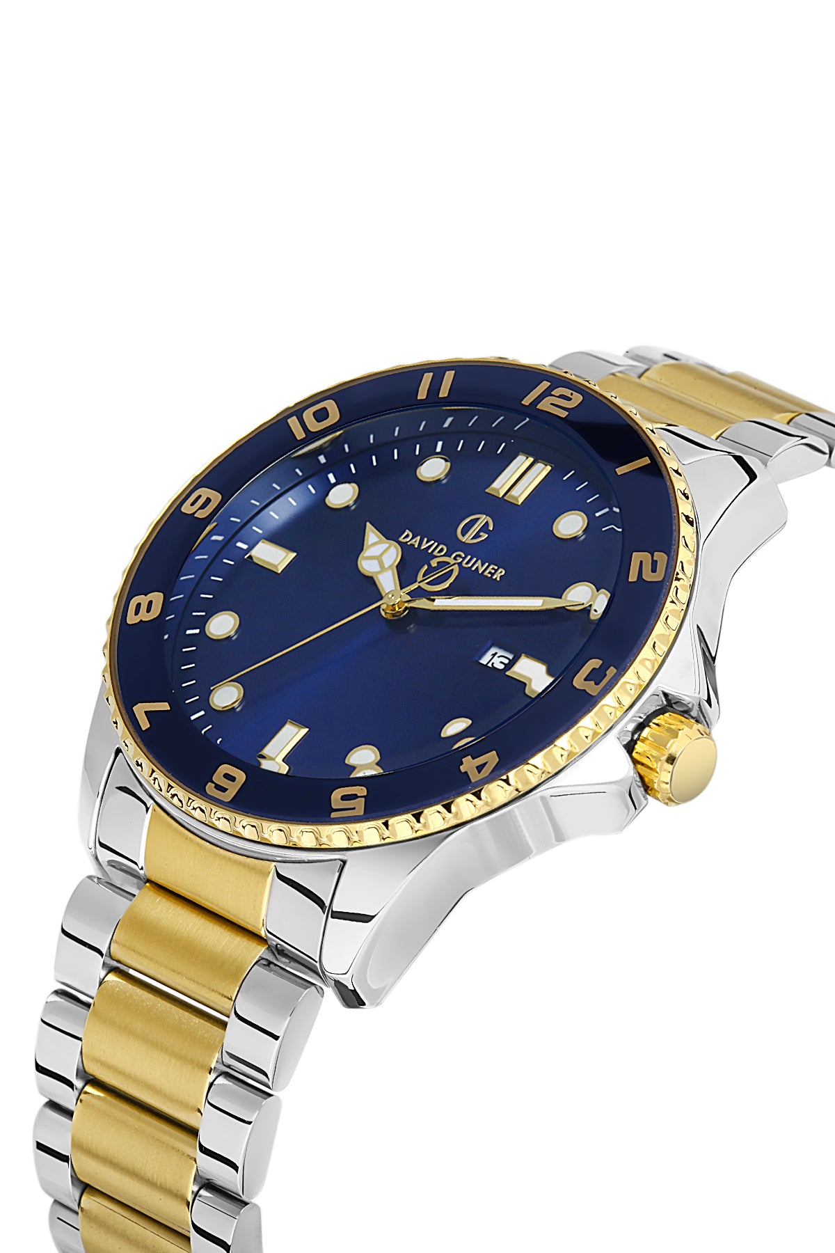 DAVID GUNER Sarı Beyaz Kaplama Mavi Kadranlı Takvimli Paslanmaz Masif Çelik Erkek Kol Saati - DG-8461GA-D3