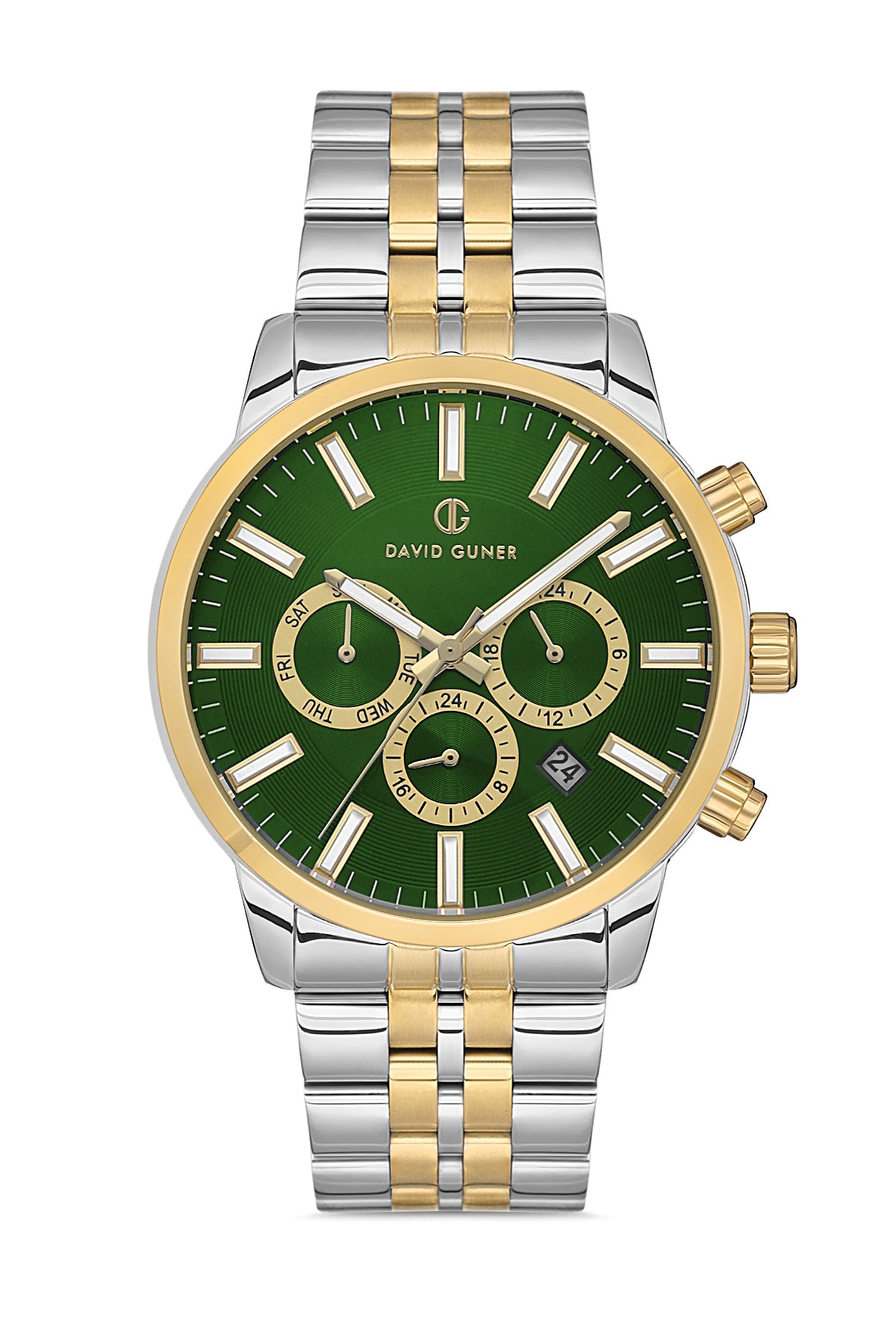 DAVID GUNER Sarı Beyaz Kaplama Yeşil Kadranlı Multi Fonksiyonlu Paslanmaz Masif Çelik Erkek Kol Saati - DG-8449GA-D10