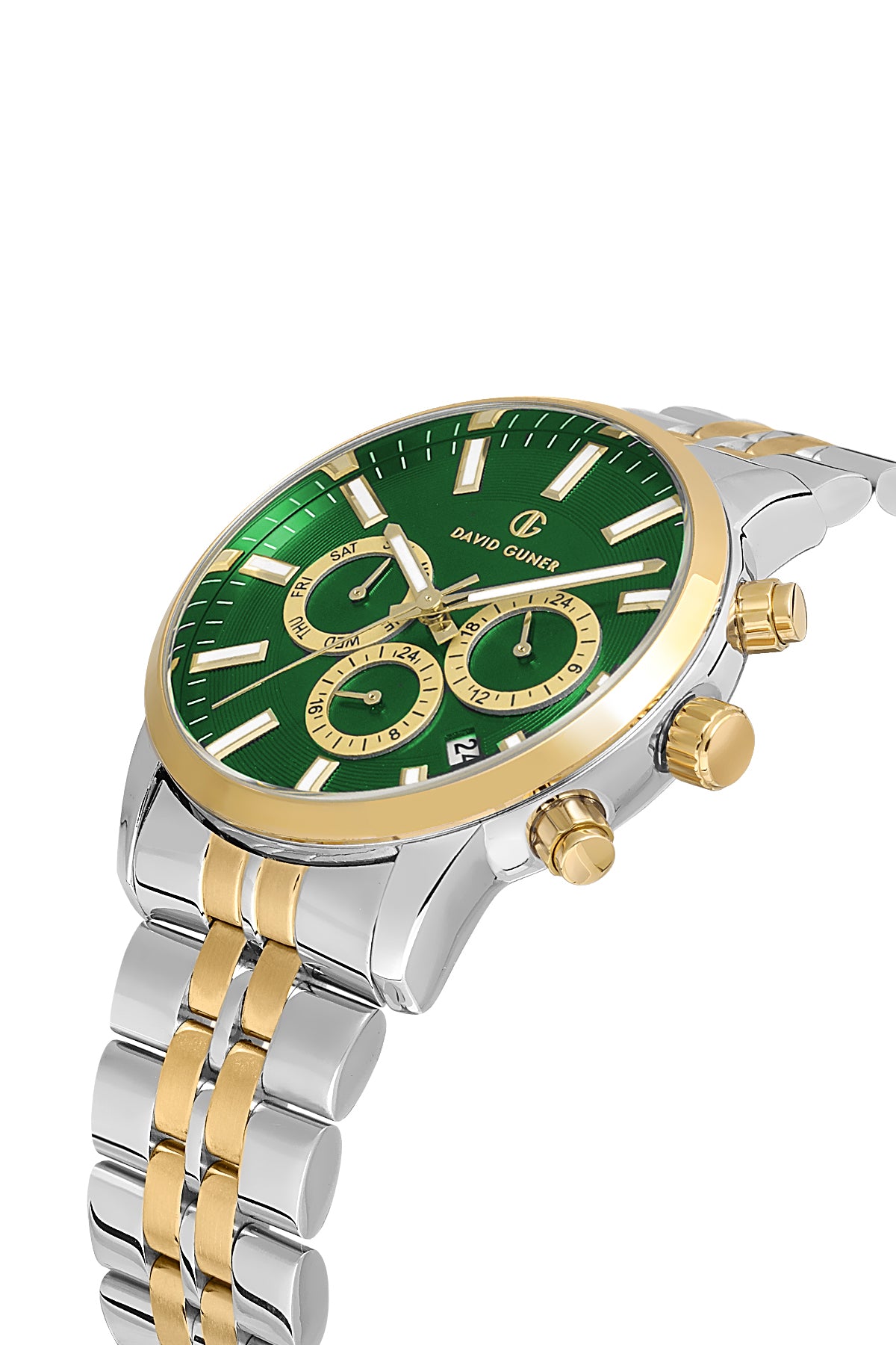 DAVID GUNER Sarı Beyaz Kaplama Yeşil Kadranlı Multi Fonksiyonlu Paslanmaz Masif Çelik Erkek Kol Saati - DG-8449GA-D10