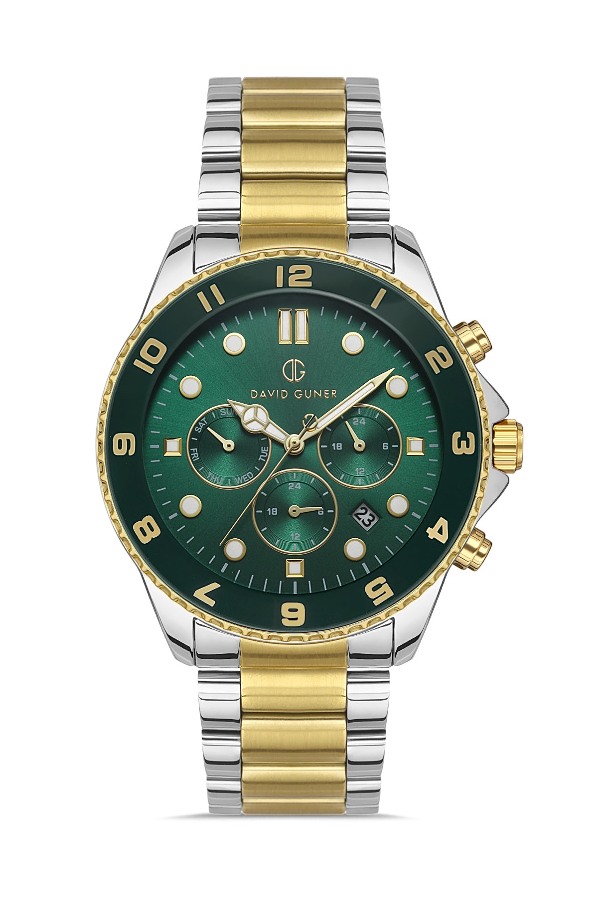DAVID GUNER Sarı Beyaz Kaplama Yeşil Kadranlı Multi Fonksiyonlu Paslanmaz Masif Çelik Erkek Kol Saati - DG-8243GA-D10