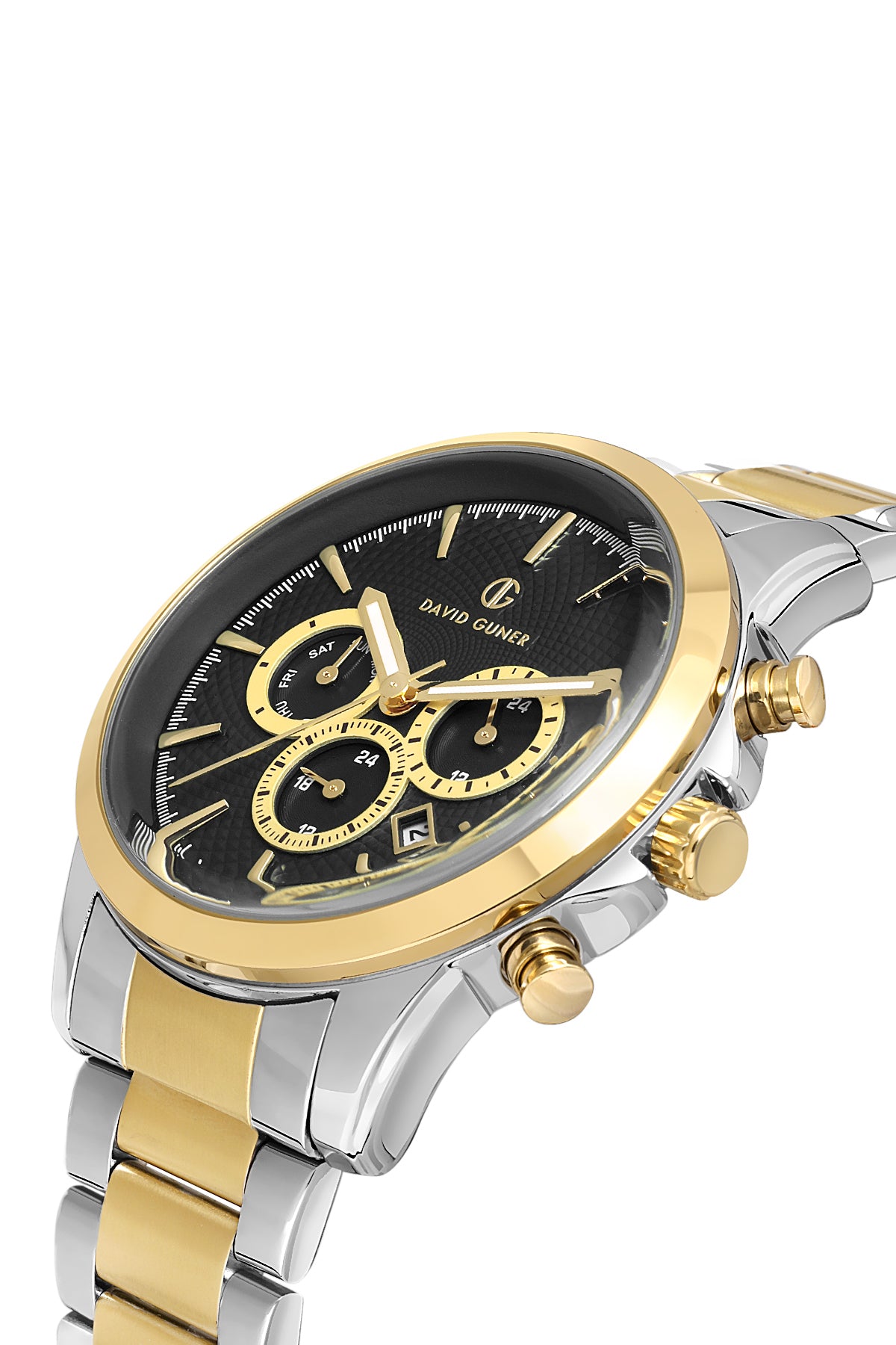 DAVID GUNER Sarı Beyaz Kaplama Siyah Kadranlı Multi Fonksiyonlu Paslanmaz Masif Çelik Erkek Kol Saati - DG-8649GA-D2