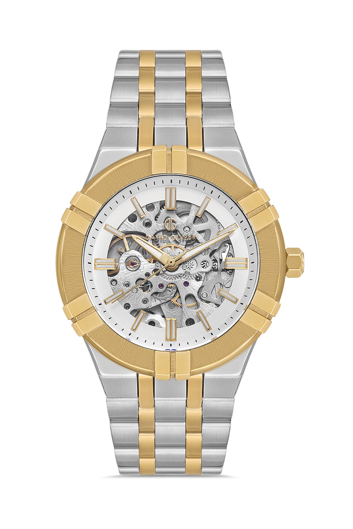 DAVID GUNER Gümüş Kadranlı Sarı Beyaz Kaplama Paslanmaz Masif Çelik Kordonlu Otomatik Erkek Kol Saati