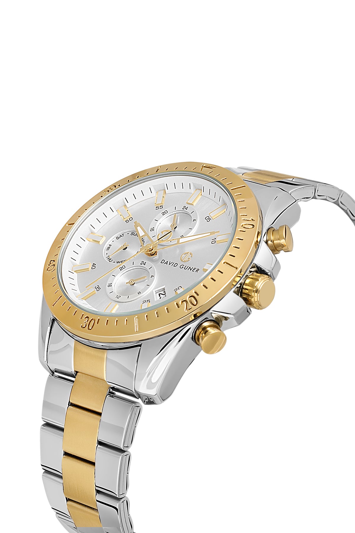 DAVID GUNER Gümüş Kadranlı Sarı Beyaz Kaplama Paslanmaz Masif Çelik Kordonlu Multi Fonksiyonlu Erkek Kol Saati