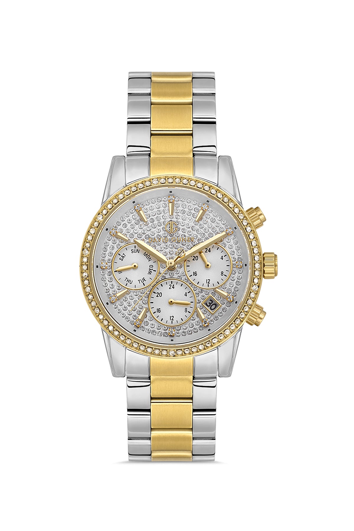 DAVID GUNER Gümüş Kadranlı Sarı Beyaz Kaplama Paslanmaz Masif Çelik Kordonlu Multi Fonksiyonlu Kadın Kol Saati