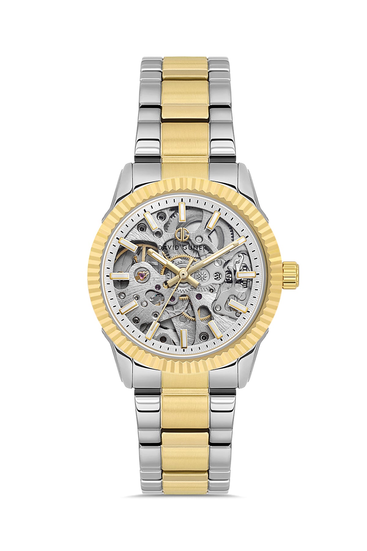 DAVID GUNER Gümüş Kadranlı Sarı Beyaz Kaplama Paslanmaz Masif Çelik Kordonlu Otomatik Kadın Kol Saati