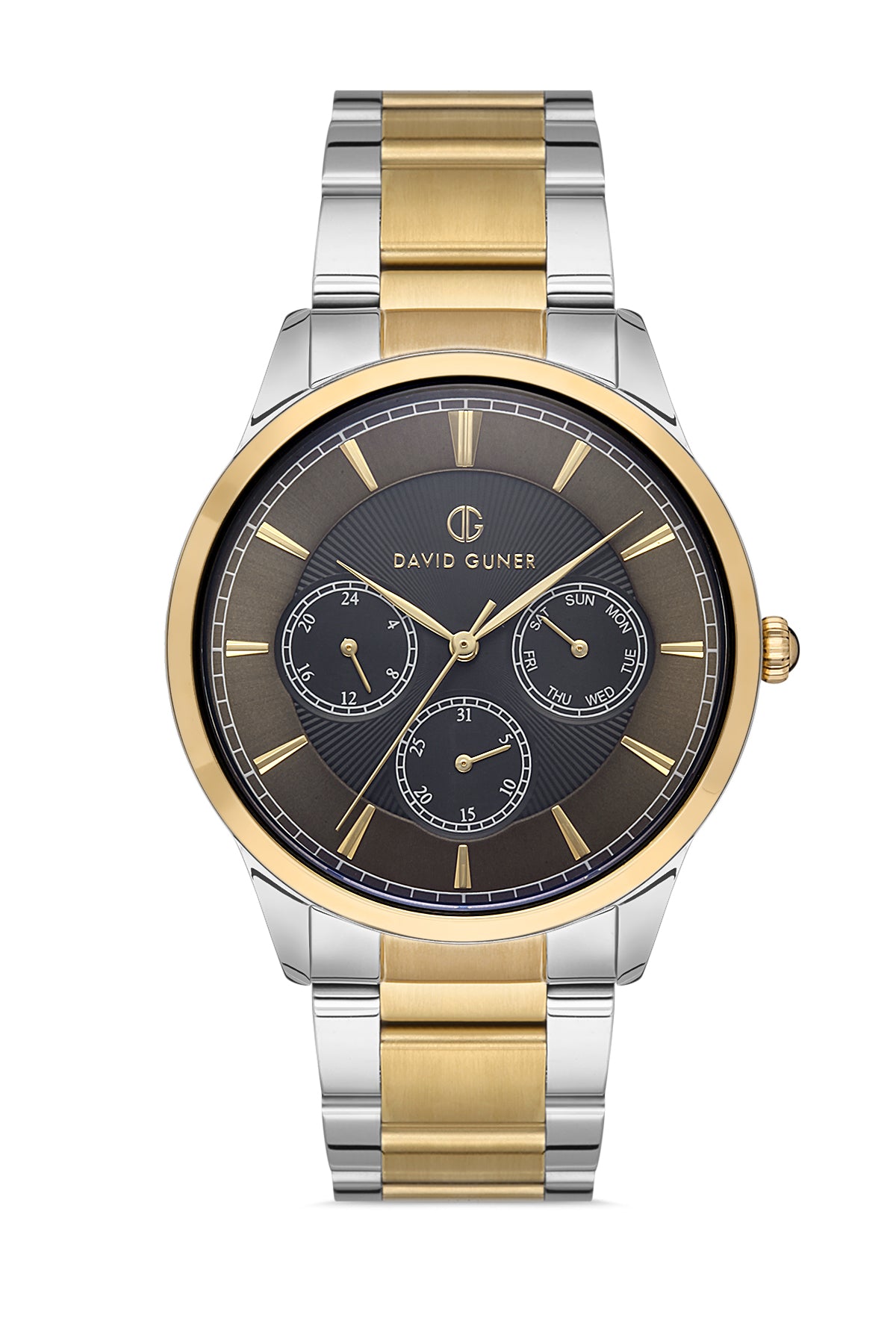 DAVID GUNER Sarı Beyaz Kaplama Siyah Kadranlı Multi Fonksiyon Erkek Kol Saati