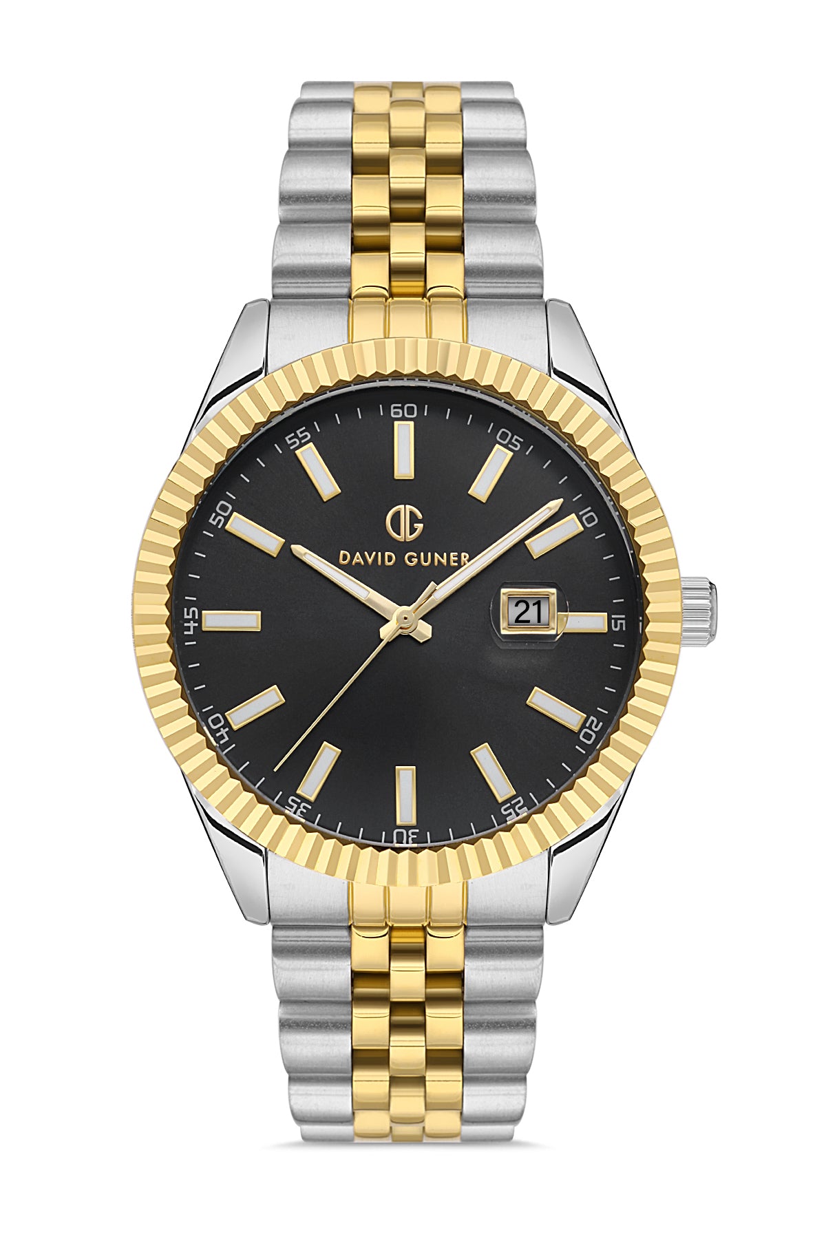 DAVID GUNER Siyah Kadranlı Sarı Beyaz Kaplama Paslanmaz Masif Çelik Kordonlu Takvimli Erkek Kol Saati DG-8626GA-D2
