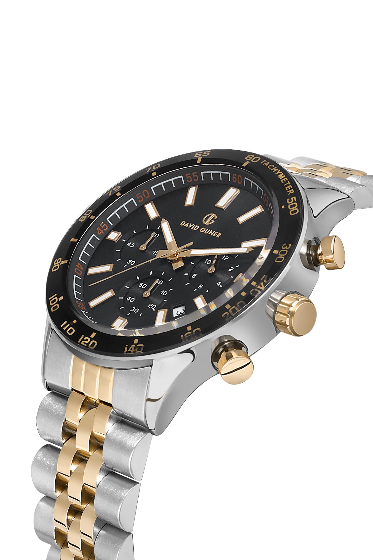 DAVID GUNER Sarı Beyaz Kaplamalı Siyah Kadranlı Multi Fonksiyon Erkek Kol Saati
