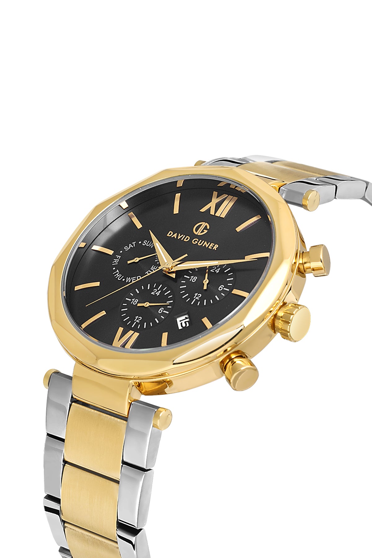 DAVID GUNER Sarı Beyaz Kaplama Siyah Kadranlı Multi Fonksiyonlu Paslanmaz Masif Çelik Erkek Kol Saati - DG-8693GA-D2