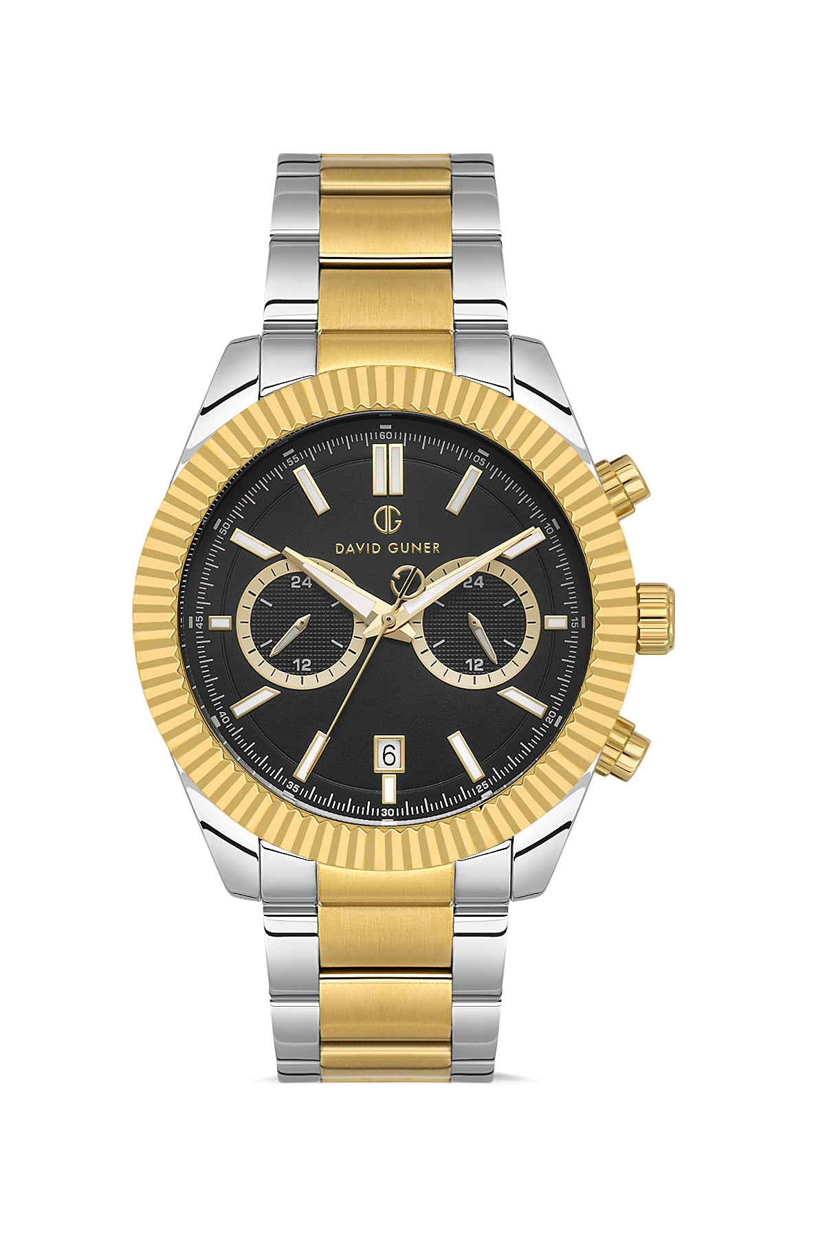 DAVID GUNER Sarı Beyaz Kaplamalı Siyah Kadranlı Multi Fonksiyonlu Erkek Kol Saati