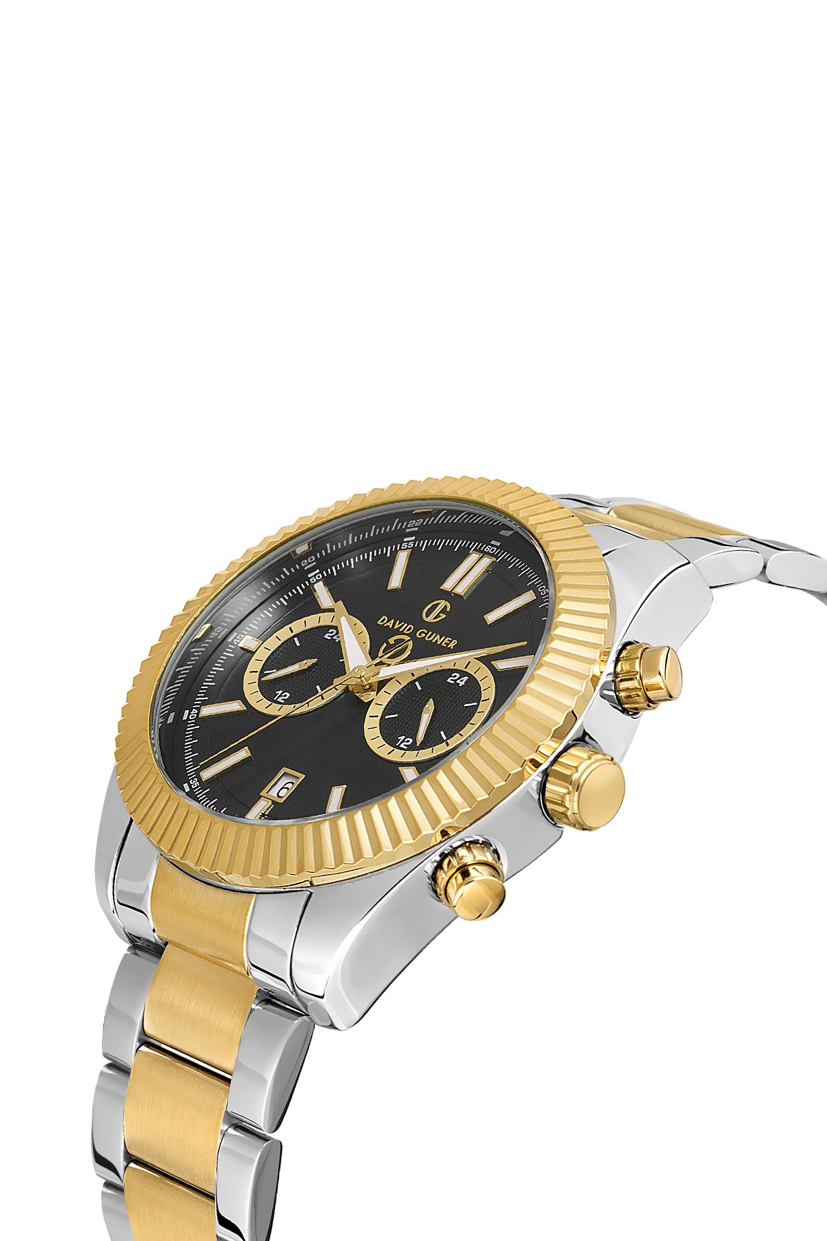 DAVID GUNER Sarı Beyaz Kaplamalı Siyah Kadranlı Multi Fonksiyonlu Erkek Kol Saati