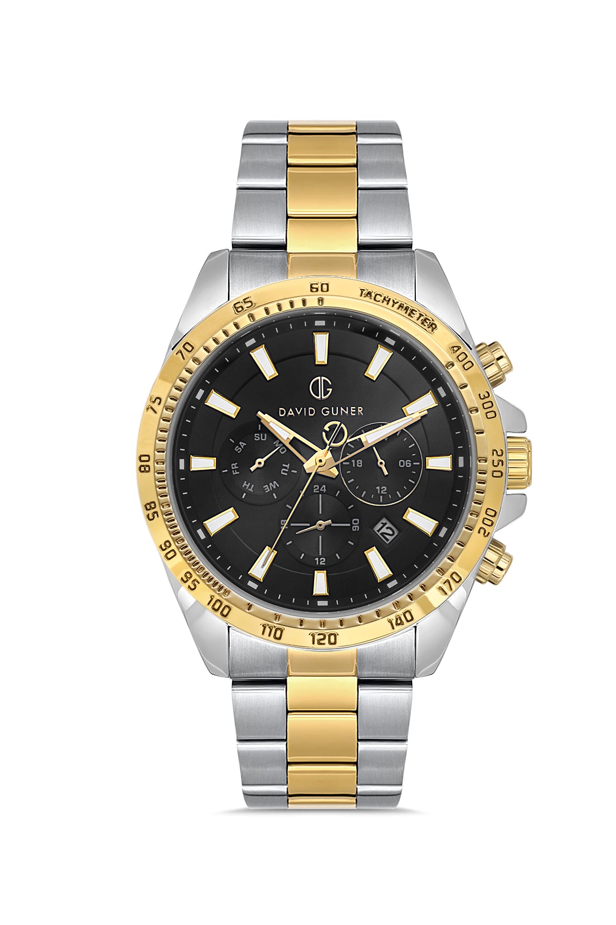 DAVID GUNER Sarı Beyaz Kaplama Siyah Kadranlı Multi Fonksiyonlu Erkek Kol Saati - DG-8743GA-D2