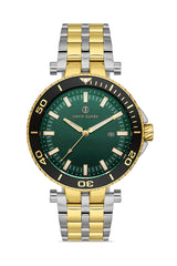 DAVID GUNER Sarı Beyaz Kaplama Yeşil Kadranlı Paslanmaz Masif Çelik Erkek Kol Saati - DG-8393GA-D10