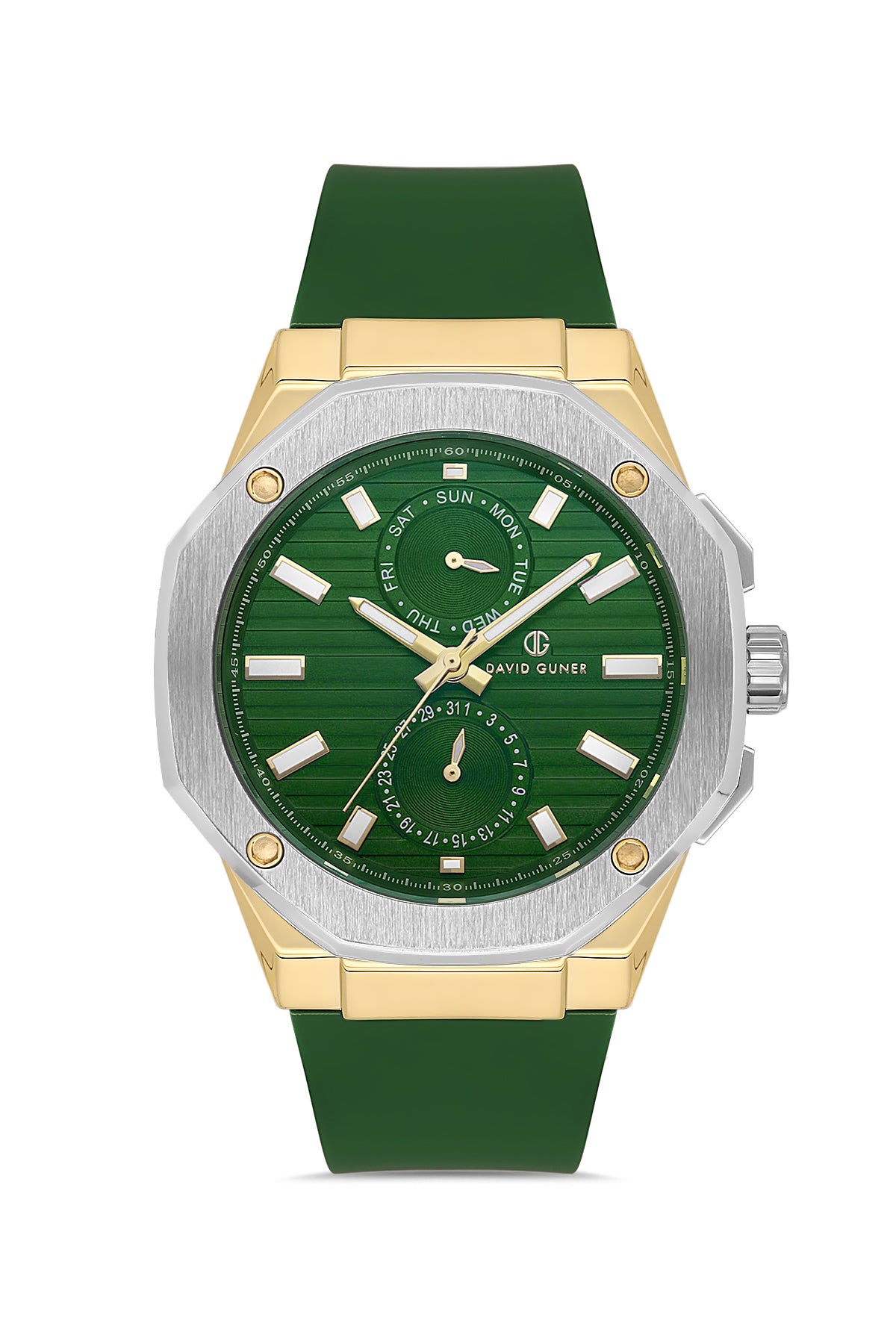 DAVID GUNER Sarı Beyaz Kaplama Yeşil Kadranlı Multi Fonksiyonlu Erkek Kol Saati