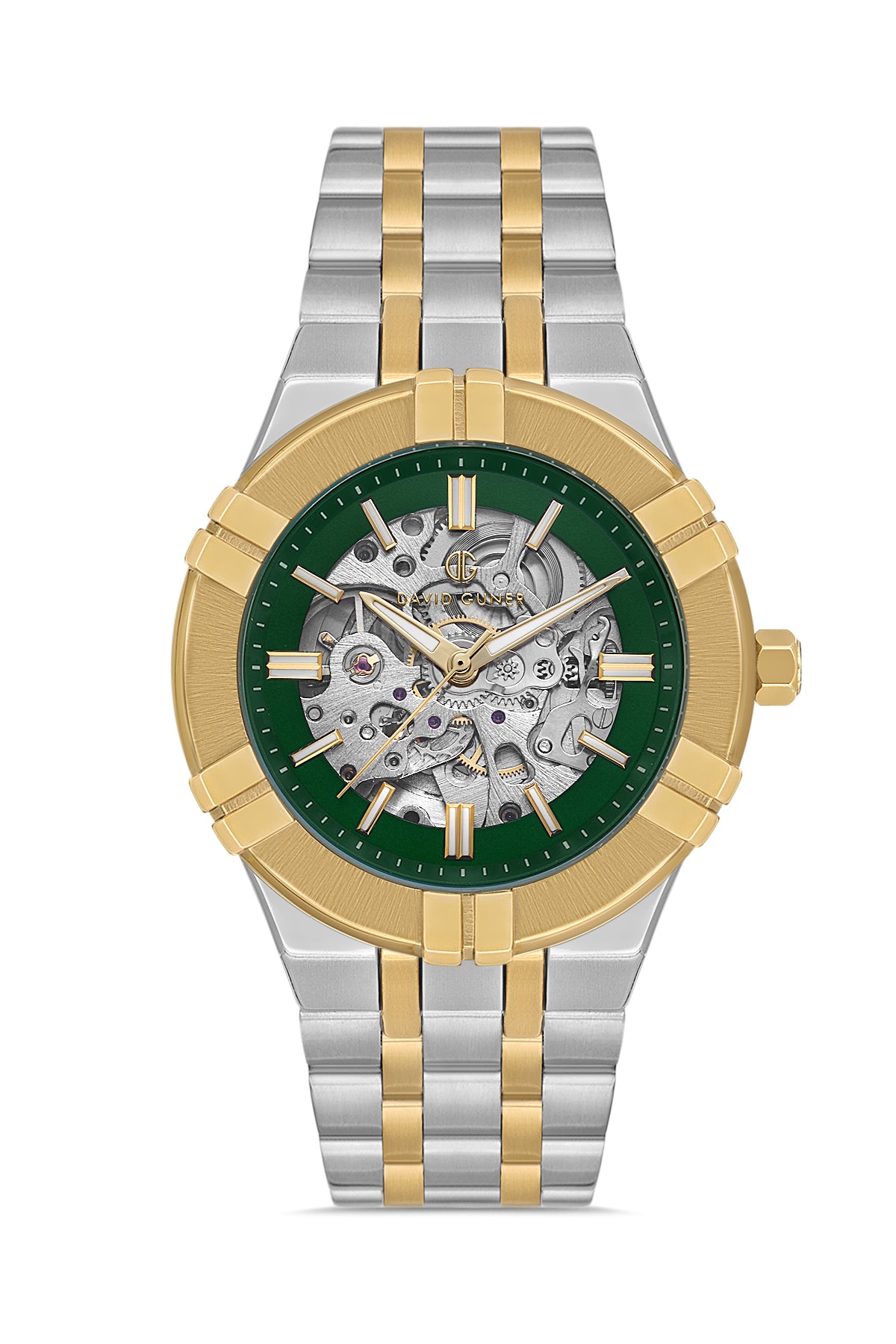 DAVID GUNER Yeşil Kadranlı Sarı Beyaz Kaplama Paslanmaz Masif Çelik Kordonlu Otomatik Erkek Kol Saati