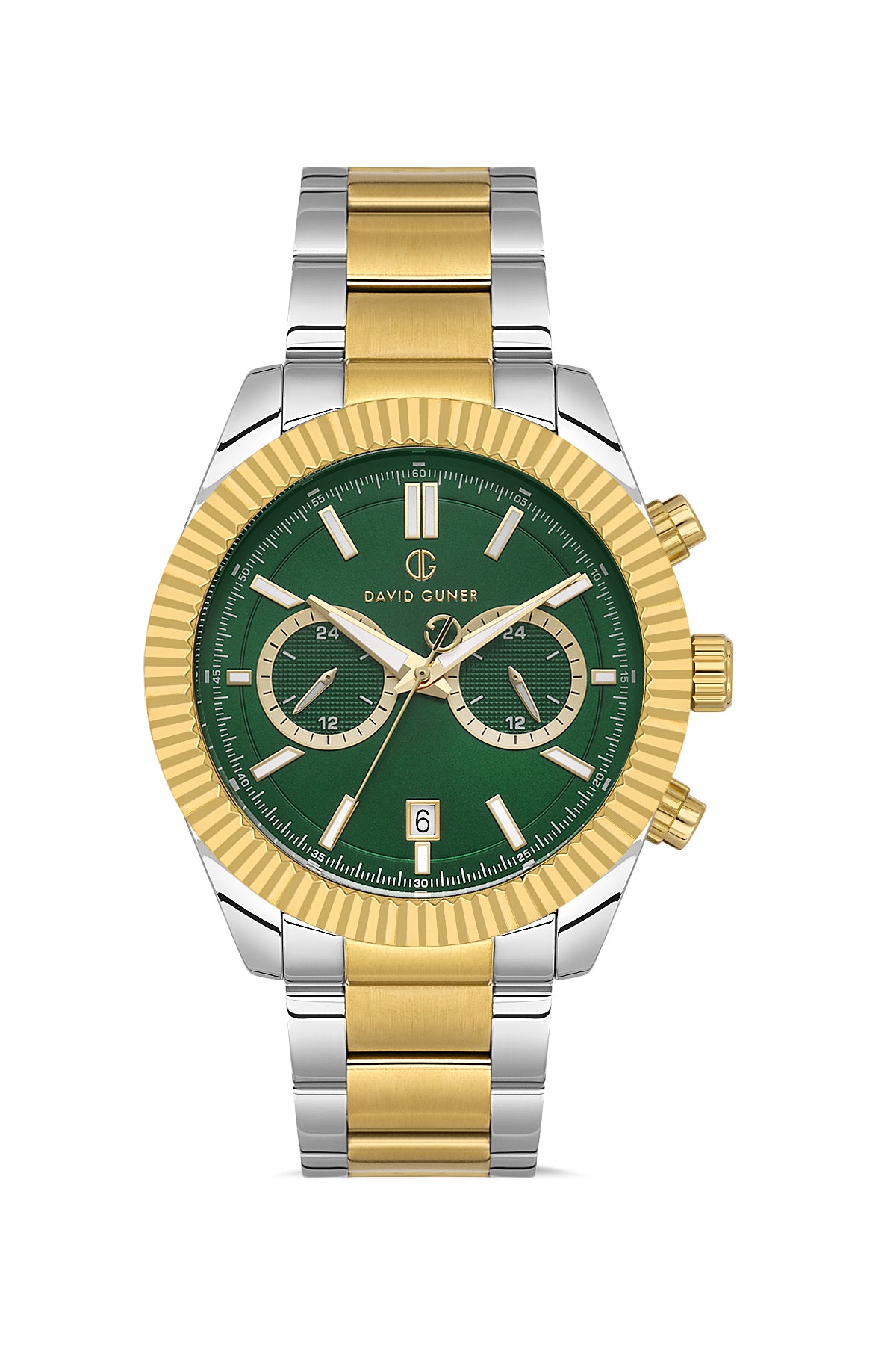 DAVID GUNER Sarı Beyaz Kaplamalı Yeşil Kadranlı Multi Fonksiyonlu Erkek Kol Saati