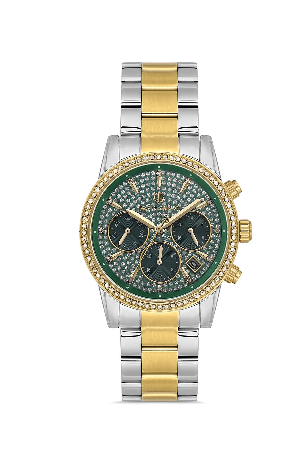 DAVID GUNER Yeşil Kadranlı Sarı Beyaz Kaplama Paslanmaz Masif Çelik Kordonlu Multi Fonksiyonlu Kadın Kol Saati