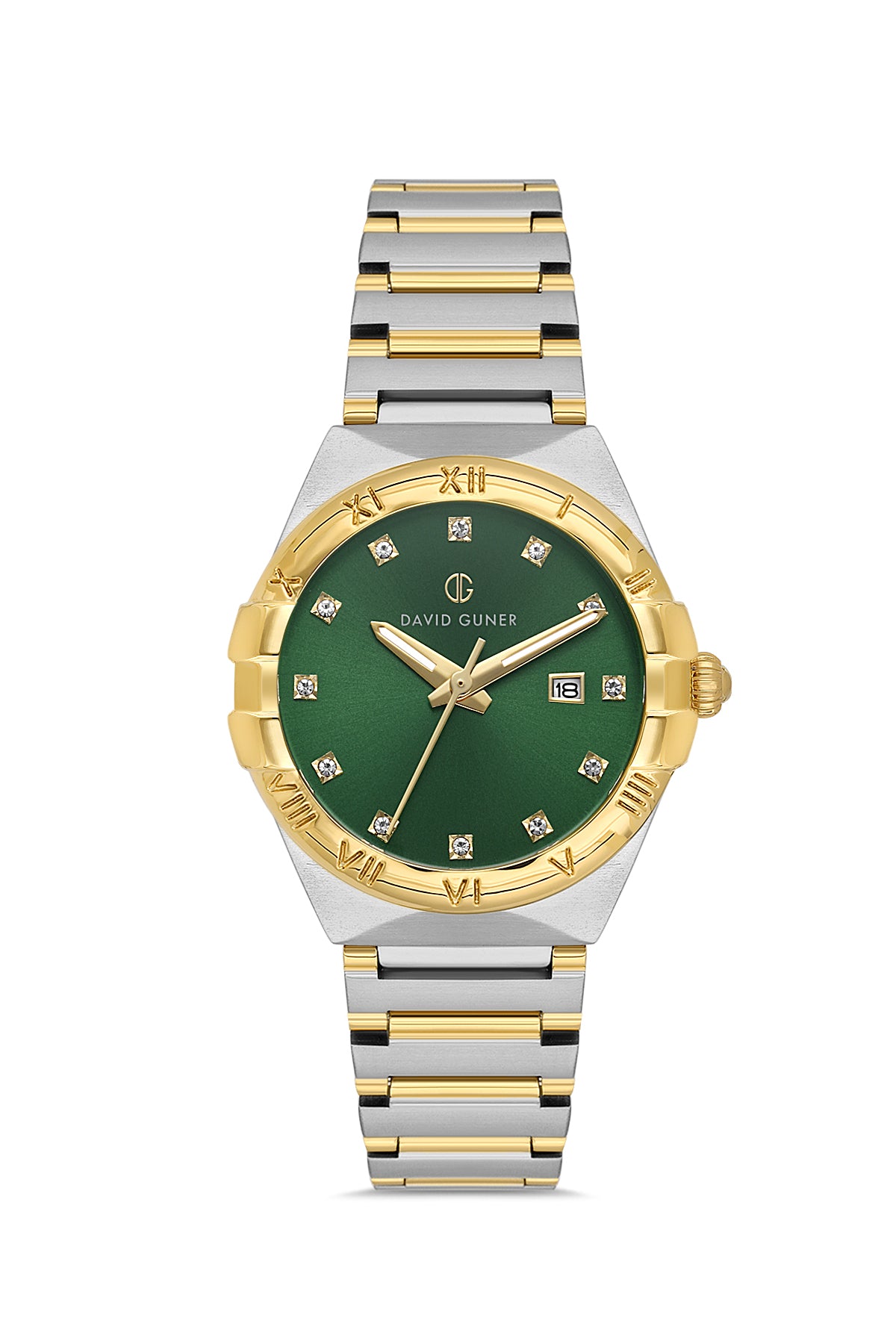 DAVID GUNER Yeşil Kadranlı Sarı Beyaz Kaplama Paslanmaz Masif Çelik Kordonlu Takvimli Kadın Kol Saati
