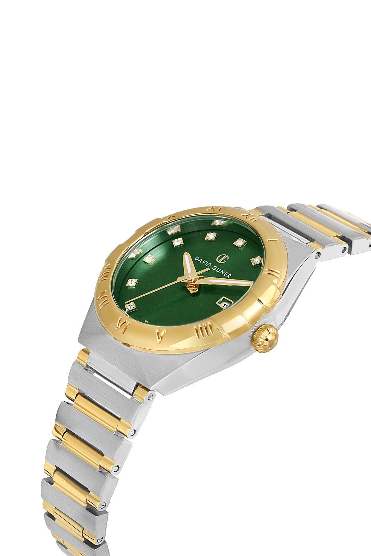 DAVID GUNER Yeşil Kadranlı Sarı Beyaz Kaplama Paslanmaz Masif Çelik Kordonlu Takvimli Kadın Kol Saati