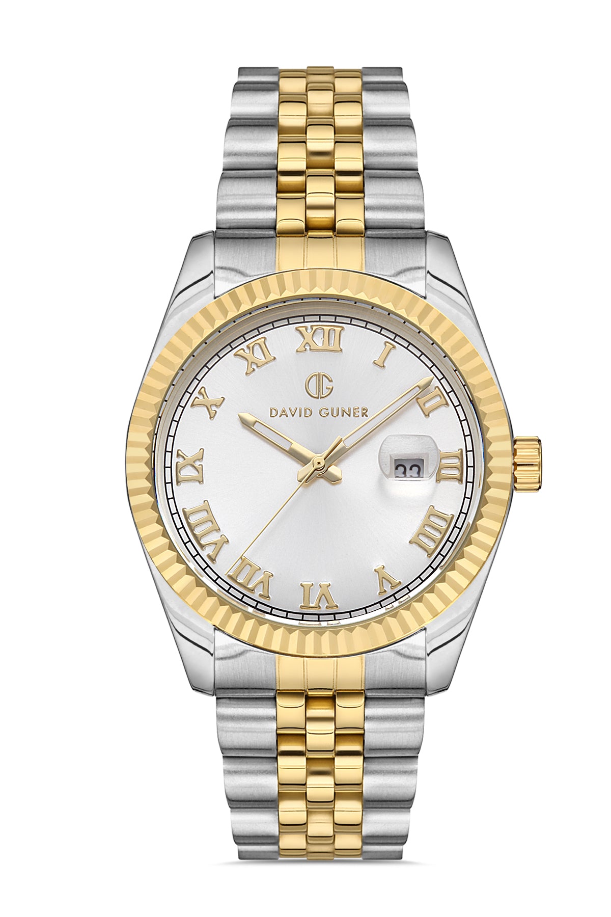 DAVID GUNER Sarı-Gümüş İkili Kaplama Beyaz Kadranlı Roma Rakamlı Takvimli Paslanmaz Masif Çelik Erkek Kol Saati - DG-8085GA-D1