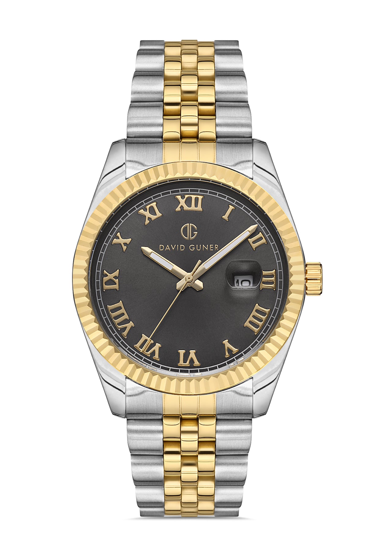 DAVID GUNER Sarı-Gümüş İkili Kaplama Siyah Kadranlı Roma Rakamlı Takvimli Paslanmaz Masif Çelik Erkek Kol Saati - DG-8085GA-D9