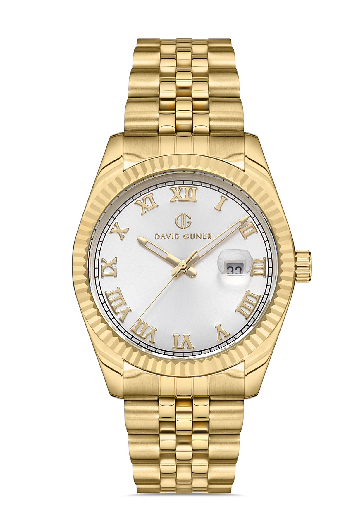 DAVID GUNER Sarı Kaplama Beyaz Kadranlı Roma Rakamlı Takvimli Paslanmaz Masif Çelik Erkek Kol Saati - DG-8085GA-B1