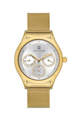 DAVID GUNER Sarı Kaplama Gümüş Kadranlı Multi Fonksiyon Çelik Örme Kordon Kadın Kol Saati - DG-8276LC-B1