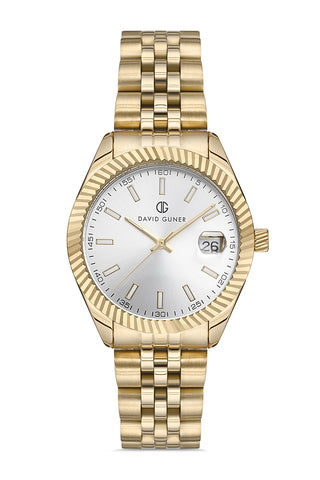 DAVID GUNER Sarı Kaplama Gümüş Kadranlı Takvimli Paslanmaz Masif Çelik Kadın Kol Saati - DG-8058LA-B1