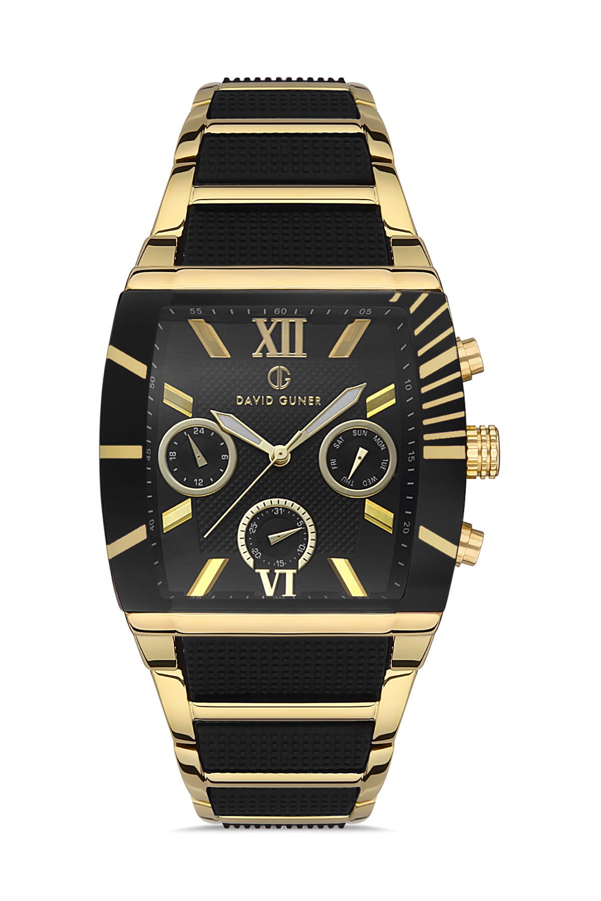 DAVID GUNER Sarı Kaplama Siyah Kadranlı Multi Fonksiyonlu Paslanmaz Masif Çelik Erkek Kol Saati - DG-8258GA-N2
