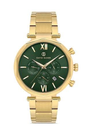 DAVID GUNER Sarı Kaplama Yeşil Kadranlı Multi Fonksiyonlu Paslanmaz Masif Çelik Erkek Kol Saati - DG-8693GA-B10