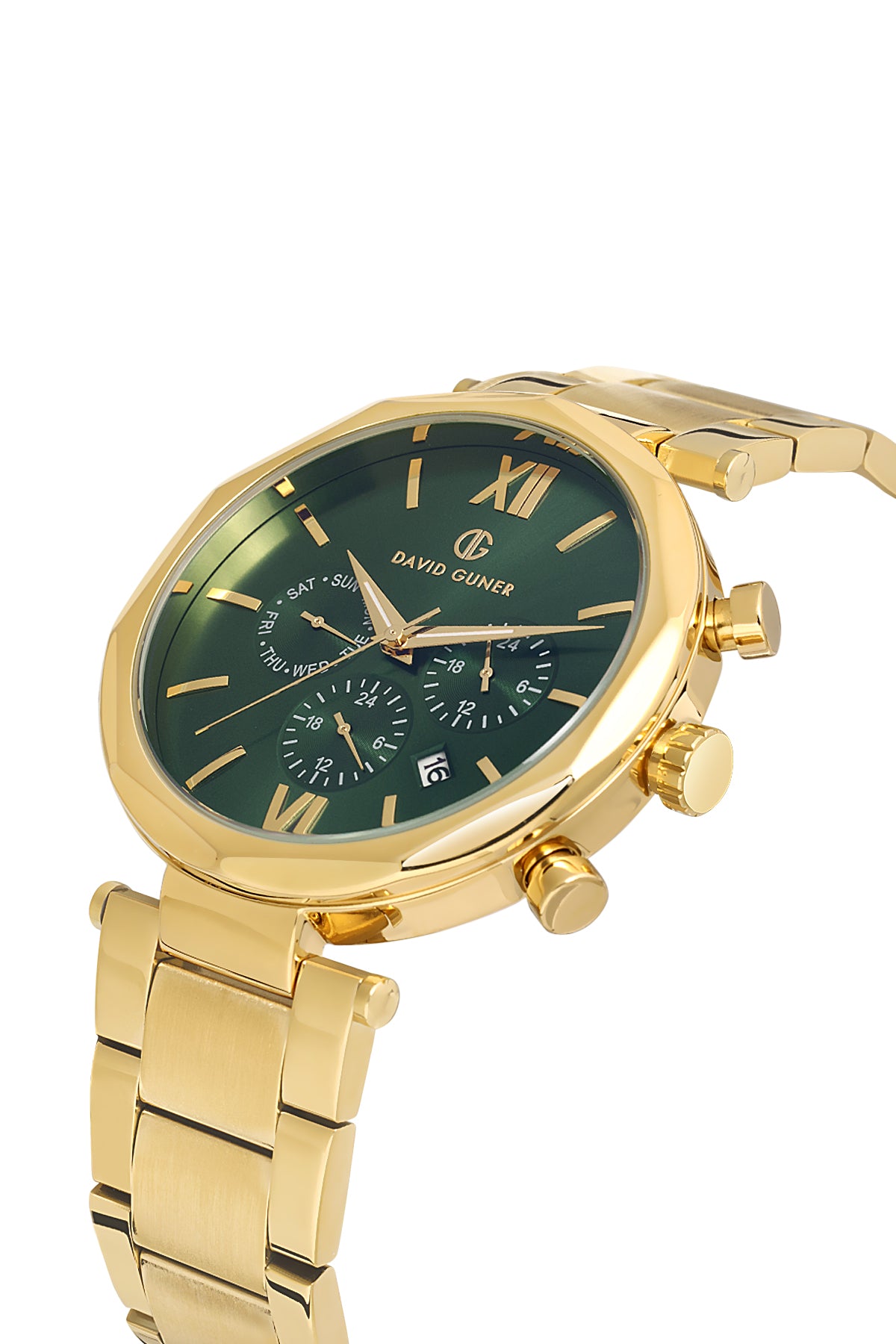 DAVID GUNER Sarı Kaplama Yeşil Kadranlı Multi Fonksiyonlu Paslanmaz Masif Çelik Erkek Kol Saati - DG-8693GA-B10