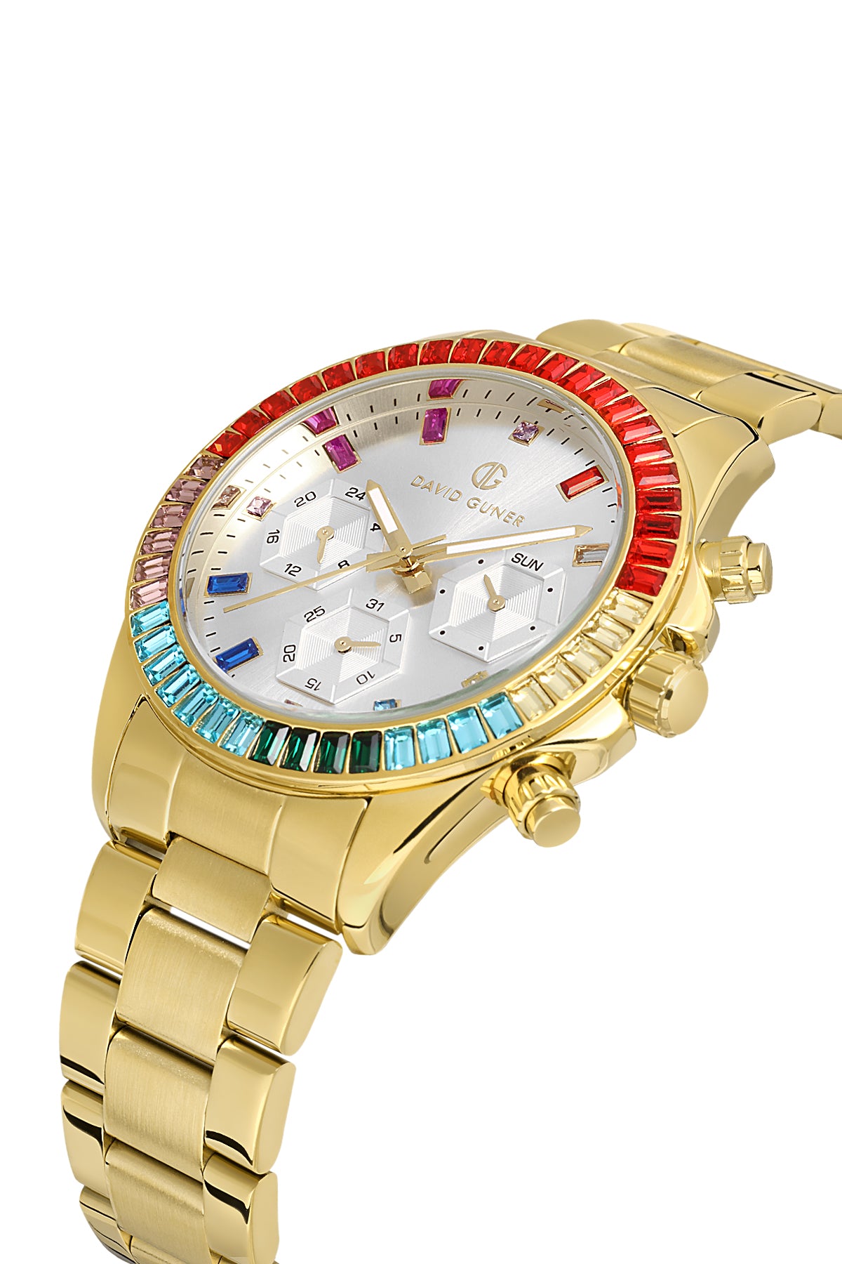 DAVID GUNER Gümüş Kadranlı Renkli Taşlı Multi Fonksiyon Sarı Paslanmaz Çelik Kadın Kol Saati - DG-8678GA-B1