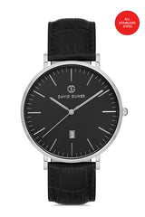 DAVID GUNER Siyah Kadranlı Gümüş Kaplamalı Erkek Deri Kol Saati - DG-8074GB-J2