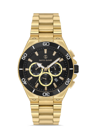 DAVID GUNER Siyah Kadranlı Sarı Kaplamalı Multifonksiyonlu Erkek Kol Saati - DG-8654GA-B2