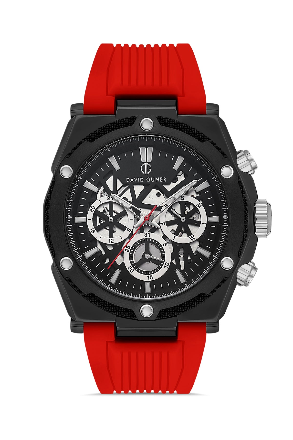 DAVID GUNER Siyah Kaplamalı Kırmızı Silikon Kordonlu Multi Fonksiyonlu Erkek Kol Saati - DG-8641GD-ZP2