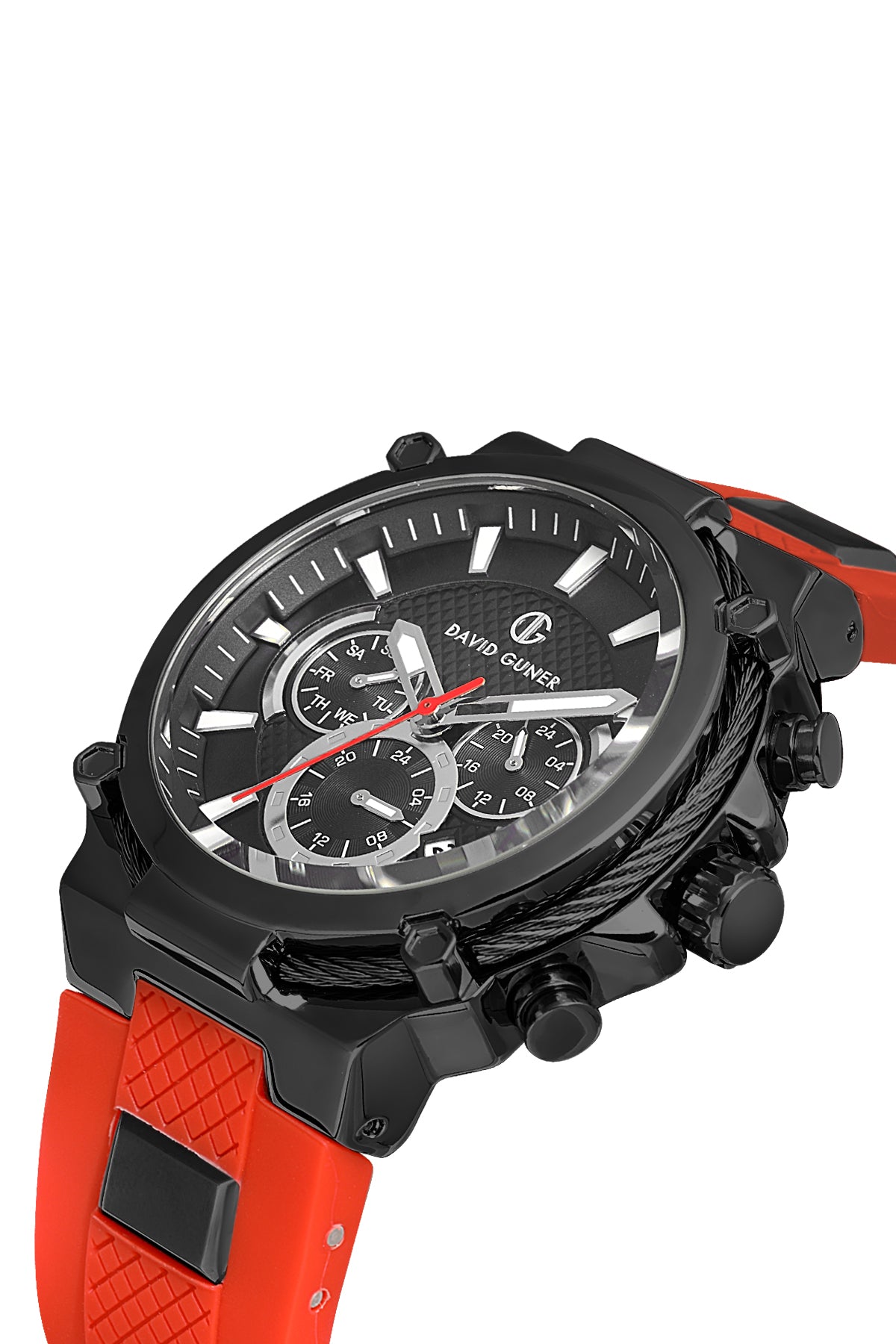 DAVID GUNER Kırmızı Silikon Kordonlu Siyah Kadranlı Siyah Kaplamalı Multi Fonksiyonlu Erkek Kol Saati - DG-8270GD-ZP2