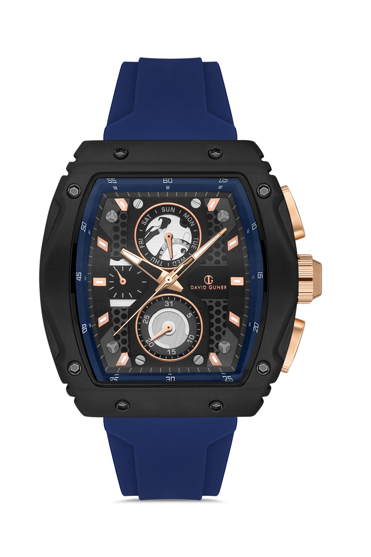 DAVID GUNER Lacivert Silikon Kordonlu Lacivert Kadranlı Siyah Kaplamalı Multi Fonksiyonlu Erkek Dikdörtgen Kol Saati - DG-8487GD-ZA2