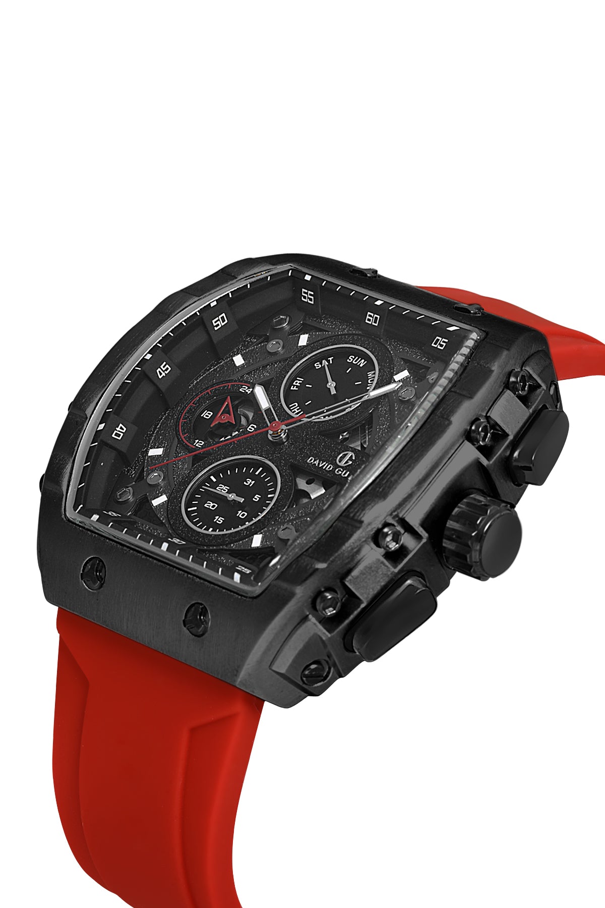DAVID GUNER Siyah Kadranlı ve Kırmızı Kayışlı Multi Fonksiyonlu Erkek Kol Saati