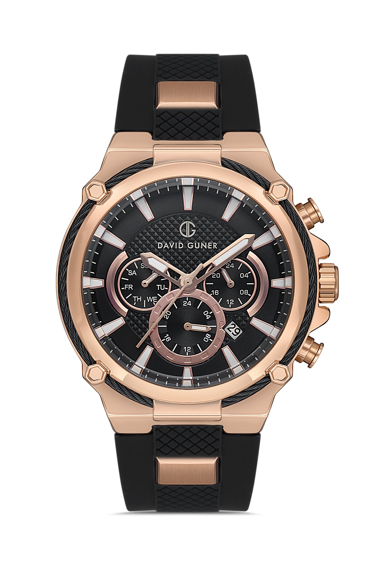 DAVID GUNER Siyah Silikon Kordonlu Siyah Kadranlı Rose Kaplamalı Multi Fonksiyonlu Erkek Kol Saati - DG-8270GD-R2